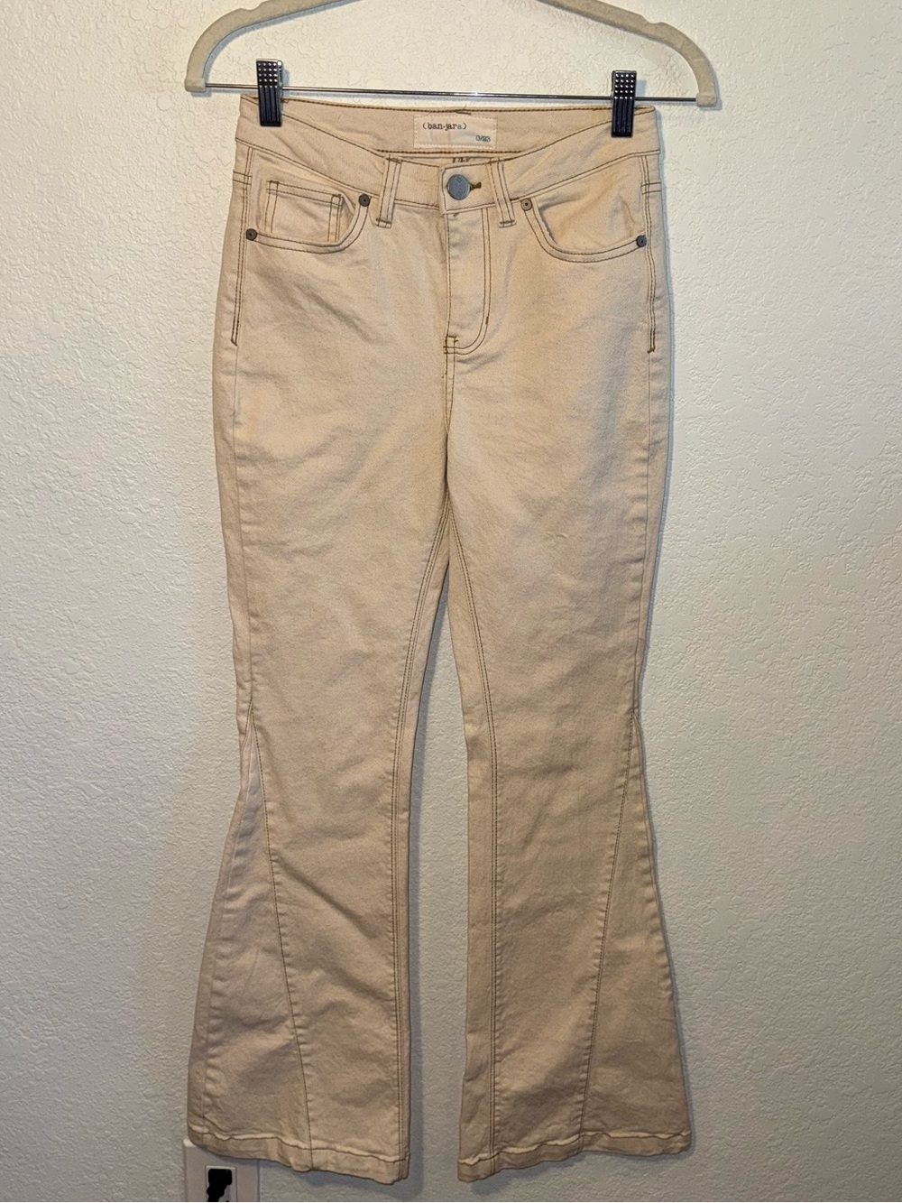 Ban-Jara Cream High Waist Flare Stretch Cotton Jeans Boho Western Festival 23